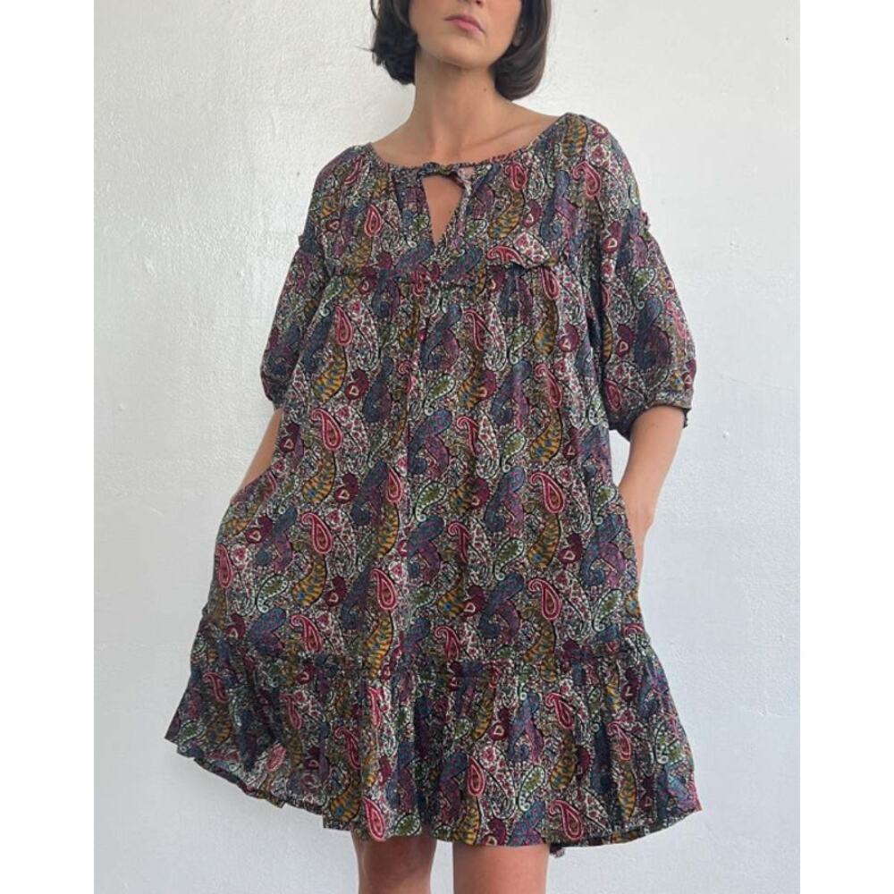 Vintage Toast Suzi Kondi Paisley Mini Dress Tiered Ruffle Multicolor 100% Cotton